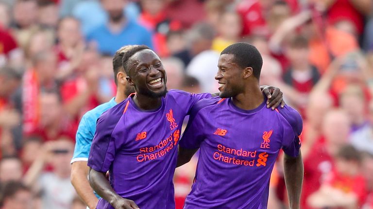 Georginio Wijnaldum celebrates scoring with Naby Keita