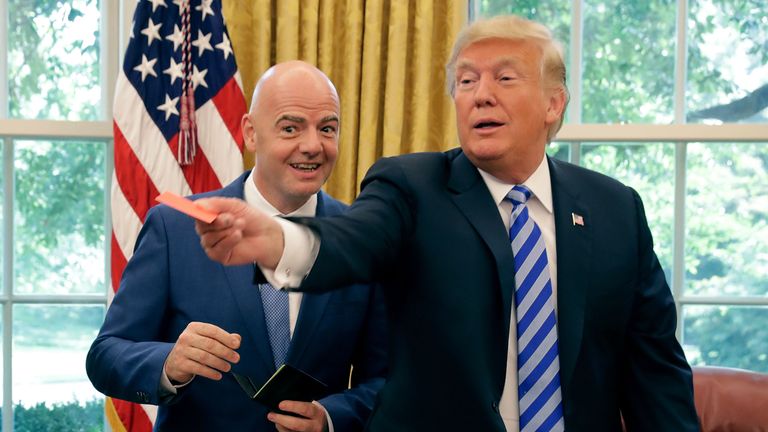 U.S. President Donald Trump poses for photographs with FIFA President Gianni Infantino in the Oval Office at the White House August 28, 2018 in Washington, DC. The 2026 FIFA World Cup will be jointly hosted by the United States, Canada and Mexico and will be the first World Cup in history to be held in three countries at the same time.