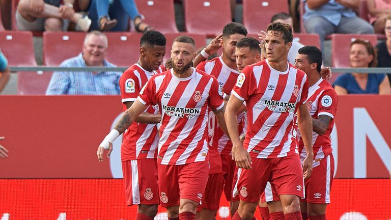 Girona's Juanpe celebrates his goal against Tottenham in a pre-season friendly