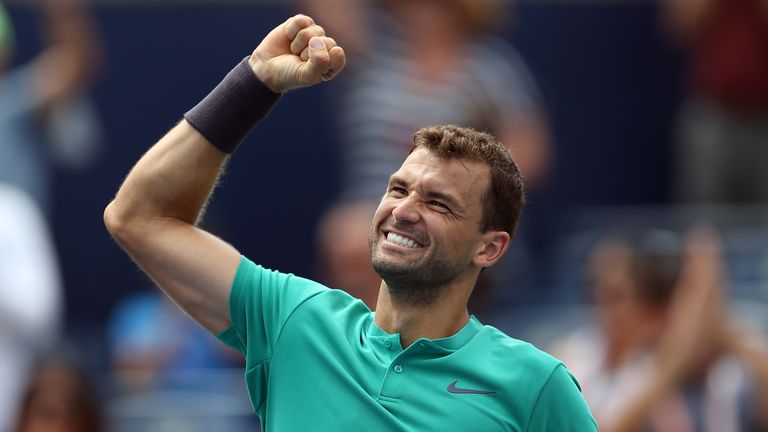 Grigor Dimitrov of Bulgaria celebrates victory over Frances Tiafoe of the United States following a 3rd round match on Day 4 of the Rogers Cup at Aviva Centre on August 9, 2018 in Toronto, Canada