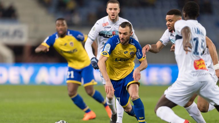 Harold Moukoudi of Le Havre in action during a French Ligue 2 match against Sochaux in February
