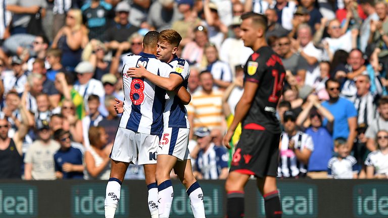 West Bromwich Albion's Harvey Barnes celebrates his equaliser with Jake Livermore