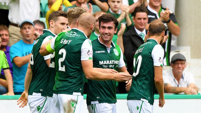 Hibernian's Stevie Mallan celebrates after opening the scoring against Motherwell
