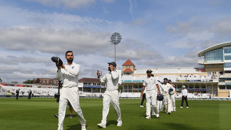 Virat Kohli leads India off the field at Trent Bridge following their win to pull the Test series against England back to 2-1