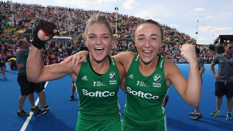 Ireland duo Chloe Watkins and Yvonne O'Byrne celebrate the semi-final win
