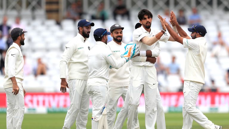 India's Ishant Sharma (centre) celebrates taking the wicket of England's Keaton Jennings (not pictured) during day four of the Specsavers Third Test match at Trent Bridge, Nottingham