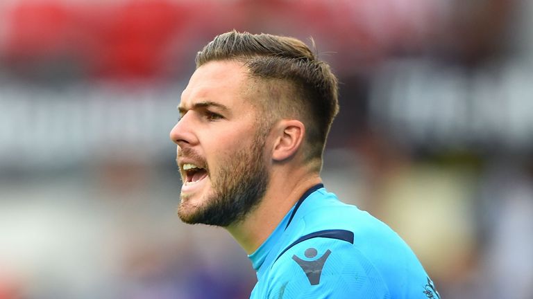  Jack Butland of Stoke City during the Sky Bet Championship match between Stoke City and Brentford at Bet365 Stadium on August 11, 2018 in Stoke on Trent, England.