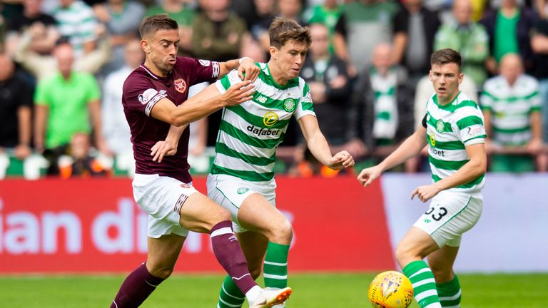 Celtic's Jack Hendry competes with Hearts' Olly Lee