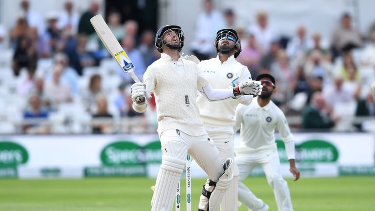 James Anderson and Rishabh Pant during day five of the Specsavers 3rd Test match between England and India at Trent Bridge on August 22, 2018 in Nottingham, England.