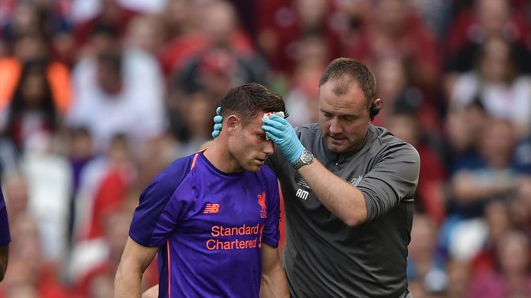 DUBLIN, IRELAND - AUGUST 04: James Milner of Liverpool goes off following a head injury during the international friendly game between Liverpool and Napoli at Aviva Stadium on August 4, 2018 in Dublin, Ireland. (Photo by Charles McQuillan/Getty Images)