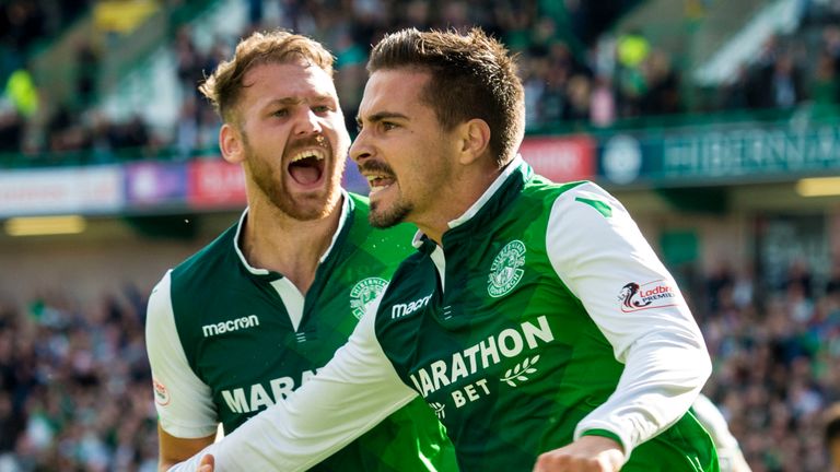 Hibernian's Jamie MacLaren celebrates scoring the equaliser with Martin Boyle (left)
