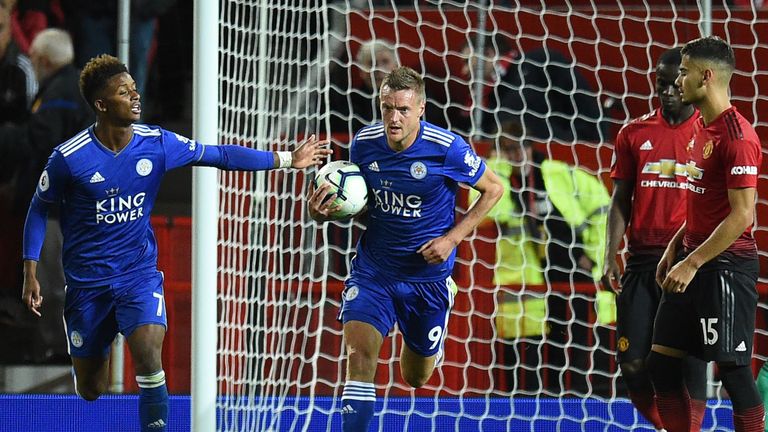 Jamie Vardy scores a late consolation goal for Leicester City