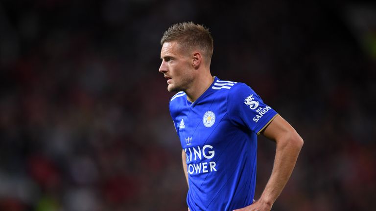 Jamie Vardy during the Premier League match between Manchester United and Leicester City at Old Trafford on August 10, 2018 in Manchester, United Kingdom.