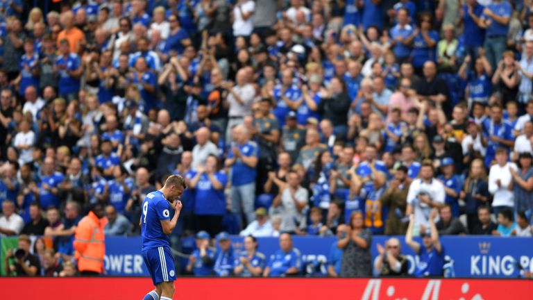 Leicester striker Jamie Vardy walks off the field after being sent off against Wolves