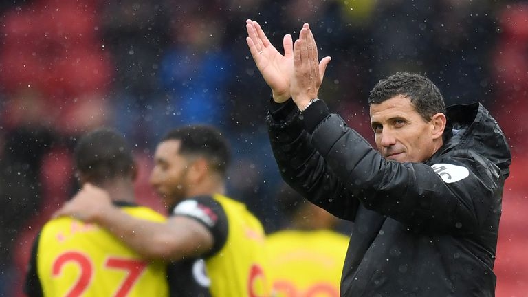 Javi Gracia salutes the Watford crowd after victory over Crystal Palace