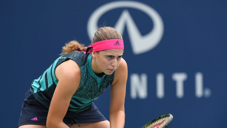 Jelena Ostapenko of Latvia remains focused as she waits to receive a serve by Johanna Konta of Australia during day two of the Rogers Cup at IGA Stadium on August 7, 2018 in Montreal, Quebec, Canada.