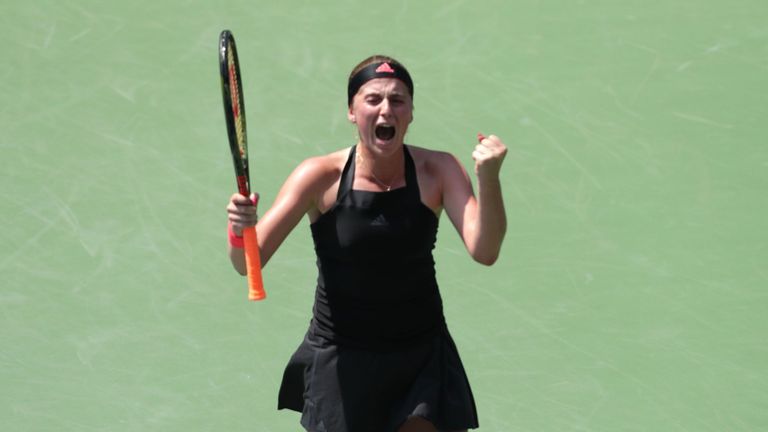 Jelena Ostapenko of Latvia celebrates match point against Andrea Petkovic of Germany during their 2018 US Open women's match August 28, 2018 in New York.