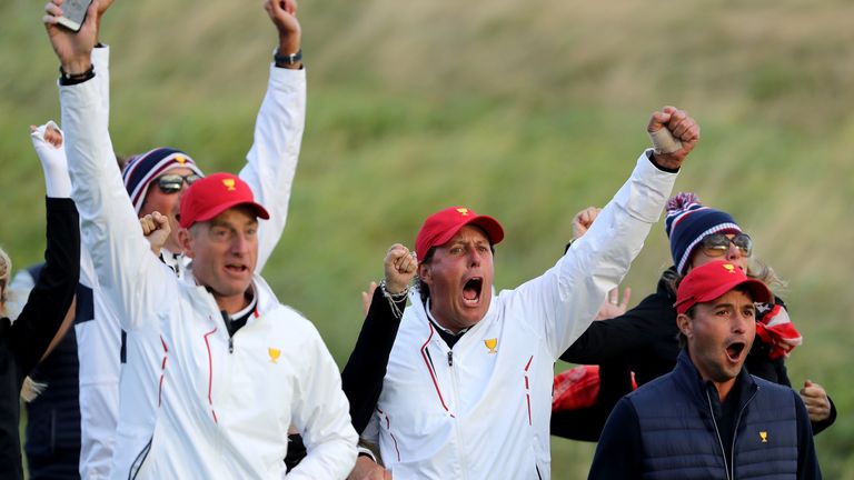 during the Saturday afternoon fourball matches in the 2017 Presidents Cup at the Liberty National Golf Club on September 30, 2017 in Jersey City, New Jersey.