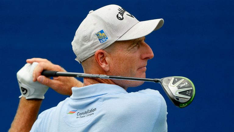 Jim Furyk plays his shot from the tenth tee during the final round of the Wyndham Championship at Sedgefield Country Club on August 19, 2018 in Greensboro, North Carolina.