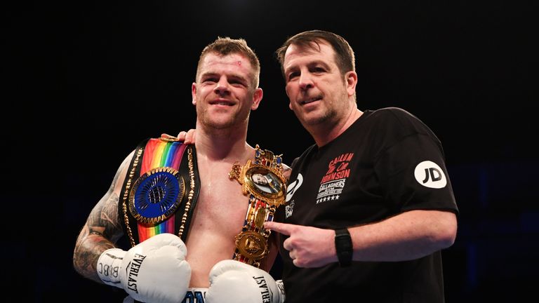 Callum Johnson celebrates victory over Frank Buglioni with trainer Joe Gallagher during British and Commonwealth Light-Heavyweight Championship