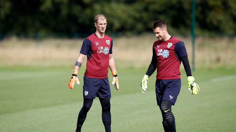 Joe Hart and Tom Heaton during a training session at Barnfield Training Centre