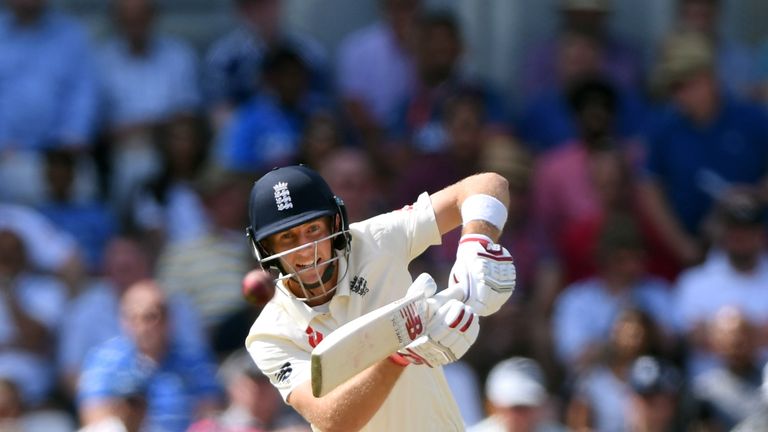 England batsman Joe Root drives during day 3 of the First Specsavers Test Match at Edgbaston on August 3, 2018 in Birmingham, England
