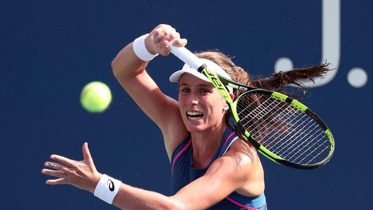Johanna Konta of Great Britain returns the ball during her women's singles first round match against Caroline Garcia of France on Day Two of the 2018 US Open at the USTA Billie Jean King National Tennis Center on August 28, 2018 in the Flushing neighborhood of the Queens borough of New York City.