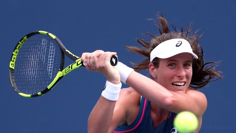 Johanna Konta of Great Britain returns the ball during her women's singles first round match against Caroline Garcia of France on Day Two of the 2018 US Open at the USTA Billie Jean King National Tennis Center on August 28, 2018 in the Flushing neighborhood of the Queens borough of New York City