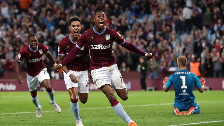 Aston Villa's Jonathan Kodjia celebrates his 95th minute equaliser