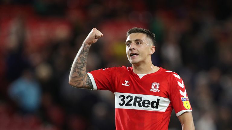 Middlesbrough's Jordan Hugill celebrates after the final whistle during the Sky Bet Championship match at the Riverside Stadium, Middlesbrough. PRESS ASSOCIATION Photo. Picture date: Friday August 24, 2018. See PA story SOCCER Middlesbrough. Photo credit should read: Richard Sellers/PA Wire. RESTRICTIONS: EDITORIAL USE ONLY No use with unauthorised audio, video, data, fixture lists, club/league logos or "live" services. Online in-match use limited to 120 images, no video emulation. No use in betting, games or single club/league/player publications
