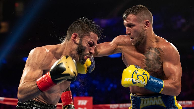 NEW YORK, NY - MAY 12:  Vasiliy Lomachenko punches Jorge Linares during their WBA lightweight title fight at Madison Square Garden on May 12, 2018 in New York City.  (Photo by Al Bello/Getty Images)