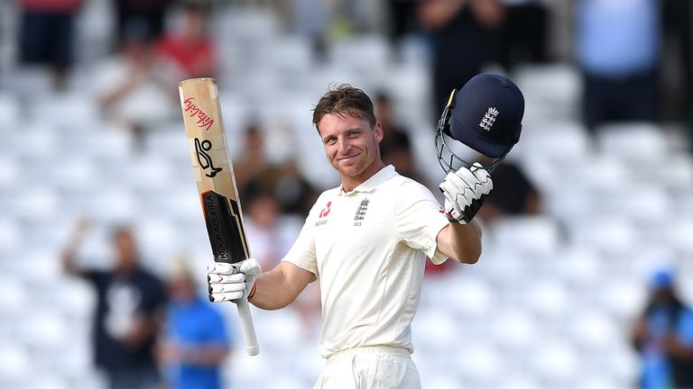 Jos Buttler of England celebrates reaching his century during day four of the Specsavers 3rd Test match between England and India at Trent Bridge on August 21, 2018 in Nottingham, England