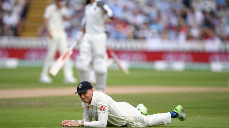 England fielder Jos Buttler reacts after a chance in the slips off Virat Kohli during day two of the First Specsavers Test Match between England and India at Edgbaston