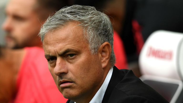Jose Mourinho, Manager of Manchester United looks on during the Premier League match between Brighton & Hove Albion and Manchester United at American Express Community Stadium on August 19, 2018 in Brighton, United Kingdom