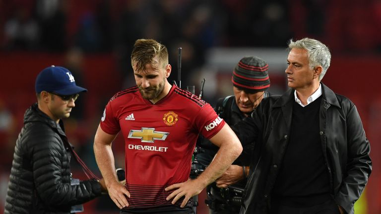 Jose Mourinho consoles a dejected Luke Shaw after the home loss to Tottenham