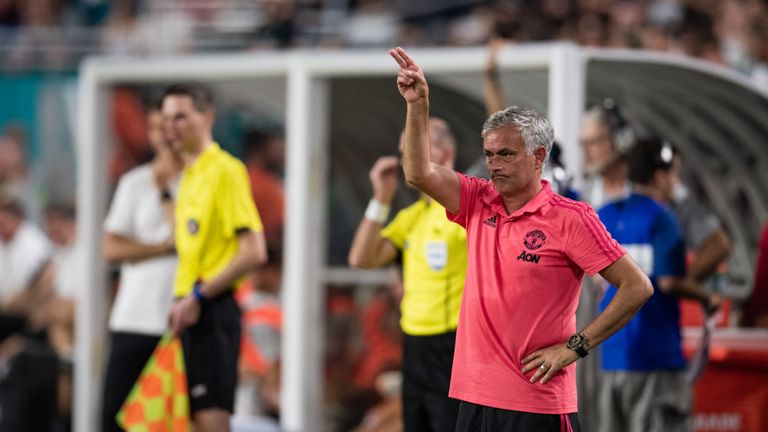 MIAMI, FL - JULY 31: Jose Mourinho the head coach / manager of Manchester United gestures during the International Champions Cup match against Real Madrid at Hard Rock Stadium on July 31, 2018 in Miami, Florida. (Photo by Rob Foldy/Getty Images) *** Local Caption *** Jose Mourinho
