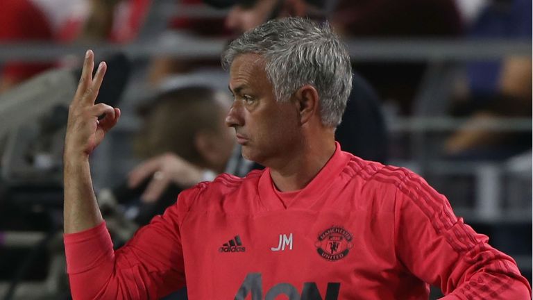 Manager Jose Mourinho of Manchester United watches from the touchline during the pre-season friendly match between Manchester United and Club America at University of Phoenix Stadium on July 19, 2018 in Glendale, Arizona