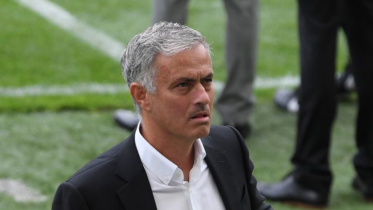 Jose Mourinho, Manager of Manchester United looks on during the Premier League match between Brighton & Hove Albion and Manchester United at American Express Community Stadium on August 19, 2018 in Brighton, United Kingdom.