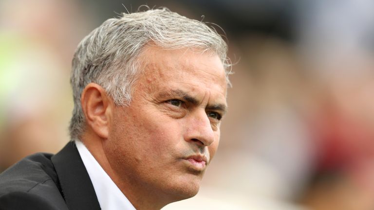 Jose Mourinho, Manager of Manchester United looks on during the Premier League match between Brighton & Hove Albion and Manchester United at American Express Community Stadium on August 19, 2018 in Brighton, United Kingdom.
