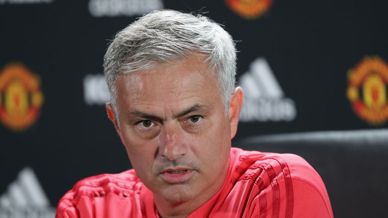 Manager Jose Mourinho of Manchester United speaks during a press conference at Aon Training Complex on August 31, 2018 in Manchester, England.