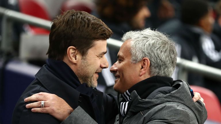 Mauricio Pochettino, Manager of Tottenham Hotspur greets Jose Mourinho, Manager of Manchester United prior to the Premier League match between Tottenham Hotspur and Manchester United at Wembley Stadium on January 31, 2018 in London, England. 