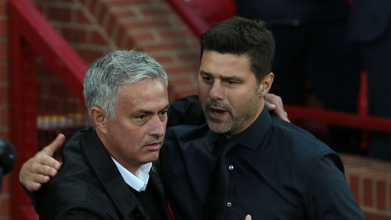 Jose Mourinho greets Mauricio Pochettino prior to kick-off at Old Trafford