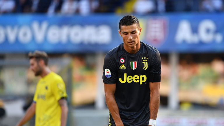 Juventus' Cristiano Ronaldo reacts during the Italian Serie A football match AC Chievo vs Juventus at the Marcantonio-Bentegodi stadium in Verona on August 18, 2018.