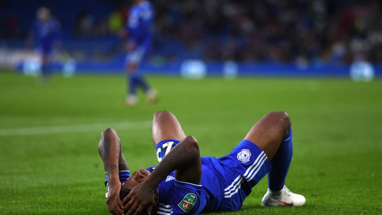 Kadeem Harris reacts during Cardiff's defeat to Norwich