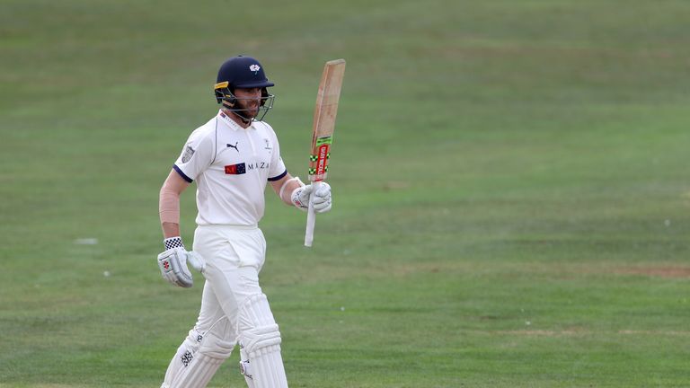 SCARBOROUGH, ENGLAND - AUG 19:Yorkshire's Kane Williamson after reaching his half century  during day one of the Specsavers Championship Division One match between Yorkshire and Worcestershire at North Marine Road on August 19, 2018 in Scarborough, England. (Photo by Richard Sellers/Getty Images)*** Kane Williamson ***