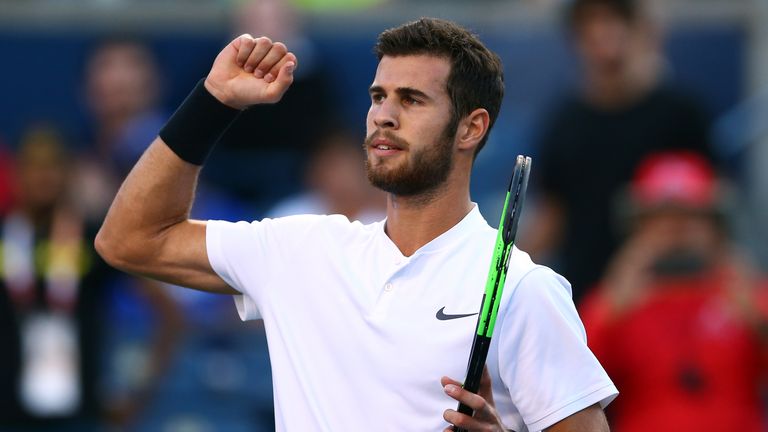 Karen Khachanov of Russia celebrates victory over Robin Haase of The Netherlands following a quarter final match on Day 5 of the Rogers Cup at Aviva Centre on August 10, 2018 in Toronto, Canada.