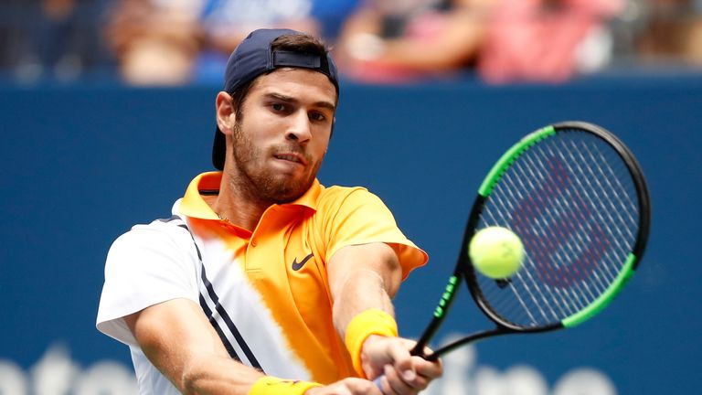 Karen Khachanov of Russia returns the ball during his men's singles third round match against Rafael Nadal of Spain on Day Five of the 2018 US Open at the USTA Billie Jean King National Tennis Center on August 31, 2018 in the Flushing neighborhood of the Queens borough of New York City.