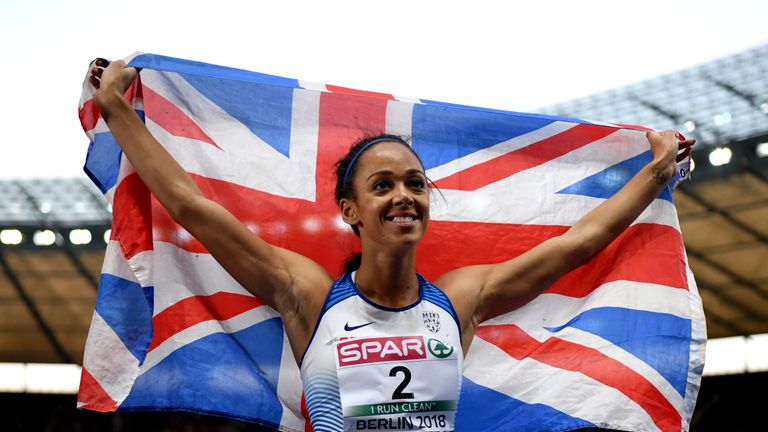 Katarina Johnson-Thompson of Great Britain celebrates winning Silver in the Women's Heptathlon during day four of the 24th European Athletics Championships at Olympiastadion on August 10, 2018 in Berlin, Germany. 
