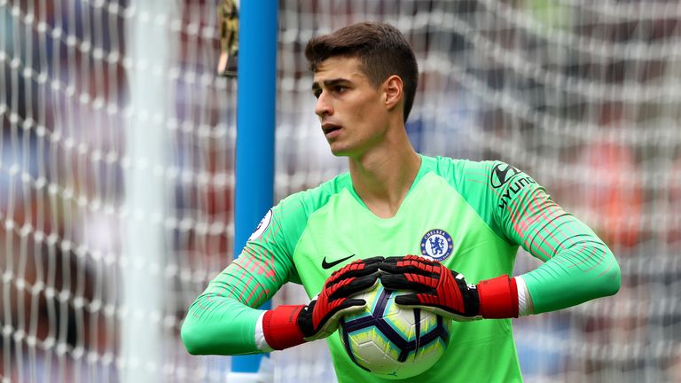 New Chelsea signing Kepa Arrizabalaga gathers the ball during the Premier League match against Huddersfield Town