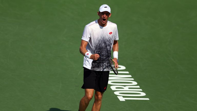 Kevin Anderson of South Africa celebrate a point against Stefanos Tsitsipas of Greece during a semi final match on Day 6 of the Rogers Cup at Aviva Centre on August 11, 2018 in Toronto, Canada.
